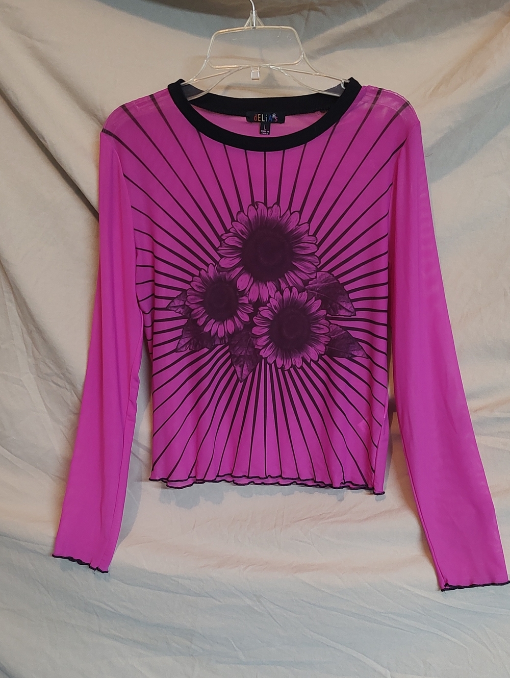 dELiA*s Pink Floral Sunburst Long-Sleeve Mesh Top